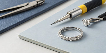 A ring on a jeweler's workbench with tools used to calculate the resizing price.