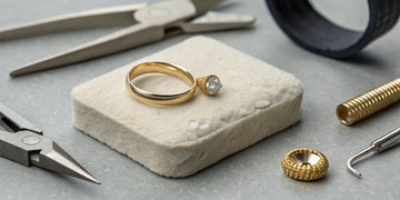 A ring on a jeweler's bench with tools for a shank repair and cost assessment.