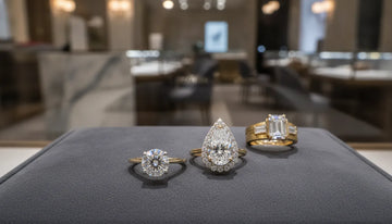 Fine gold and diamond rings in classic solitaire, halo, and custom three-stone styles displayed in a luxury jewelry showroom
