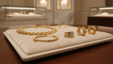 Roberto Coin jewelry arranged on a cream velvet tray