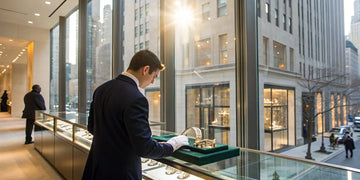 Rolex watches on display inside a NYC authorized dealer showroom.