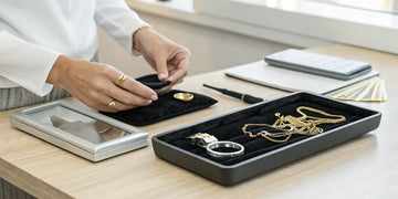 Hands organizing gold jewelry for a same day cash sale.
