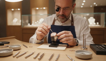 Swiss-trained watchmaker servicing a luxury watch at a Kravit Jewelers workshop workbench