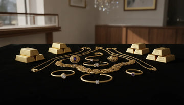 Gold jewelry and bars on dark velvet at a jewelry store