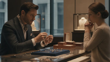 Jeweler evaluating gold jewelry at a showroom counter in Oceanside, New York