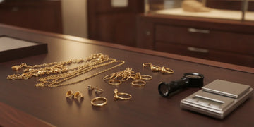 Gold jewelry arranged on a jeweler’s evaluation counter beside a loupe and scale