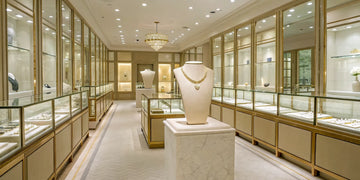 A high-end jewelry boutique on Long Island, NY, with fine jewelry in elegant display cases.
