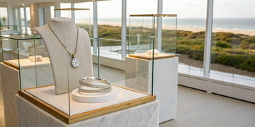 Diamond jewelry on display inside a luxury Long Island, NY store.