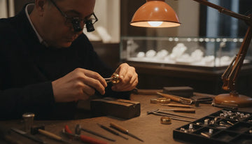 Master jeweler resizing a gold ring at a professional workbench in a luxury jewelry store