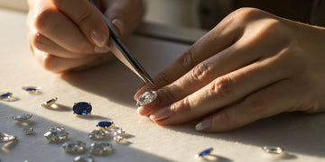 Designing your own engagement ring by arranging loose diamonds on a jeweler's sketch.