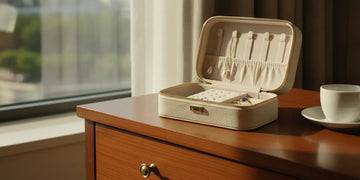 Open padded travel jewelry case with separate compartments holding neatly arranged fine jewelry