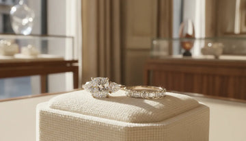 Trilogy engagement ring beside a diamond wedding band