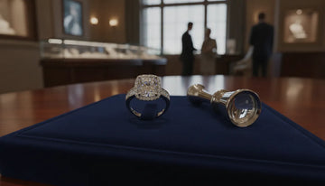 Engagement ring and jeweler's loupe in a refined showroom