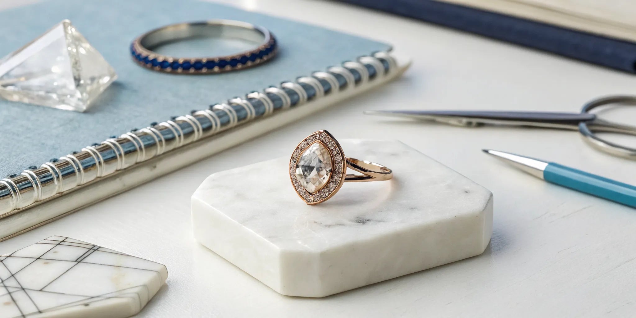 A unique custom-designed engagement ring with a halo diamond.