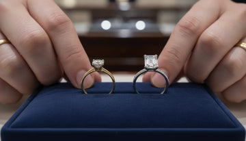 Upgrade engagement ring before and after with an original ring beside a refined new design