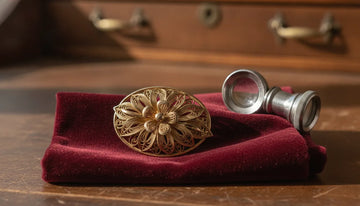 Vintage gold brooch with detailed filigree beside a jeweler's loupe
