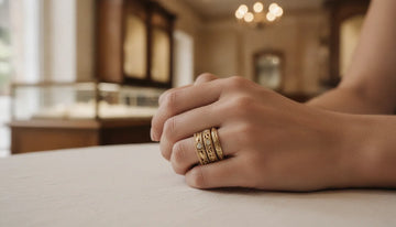 A stack of vintage-inspired gold wedding bands with milgrain and filigree detail