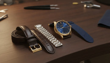 Luxury watch with leather, metal, and woven watch bands