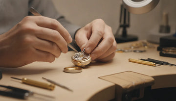 A Swiss-trained watchmaker servicing a luxury watch at a clean workbench