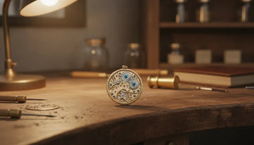 Close-up of a luxury Swiss mechanical watch movement on a watchmaker's workbench, showing exposed gears and balance wheel
