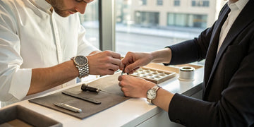 A jeweler sizing a metal watch band on a customer's wrist.