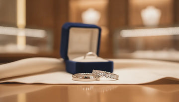 Wedding band and eternity ring styles beside a bridal ring box