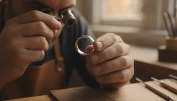 Fine jewelry craftsman inspecting a wedding band with an interior birthstone
