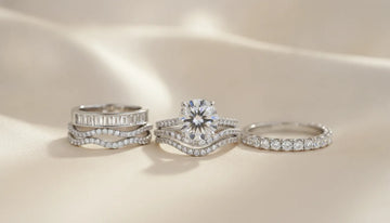 Wedding ring stack with a diamond engagement ring and coordinating bands
