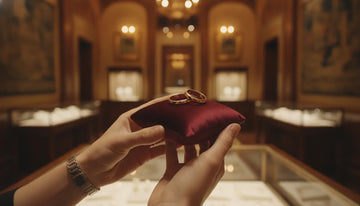 A jeweler presenting gold wedding bands on a velvet cushion in an elegant showroom