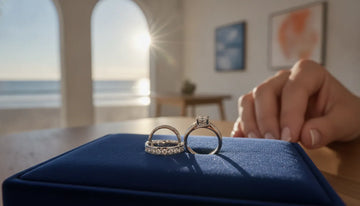 Anniversary wedding ring upgrade and band in a jeweler's studio