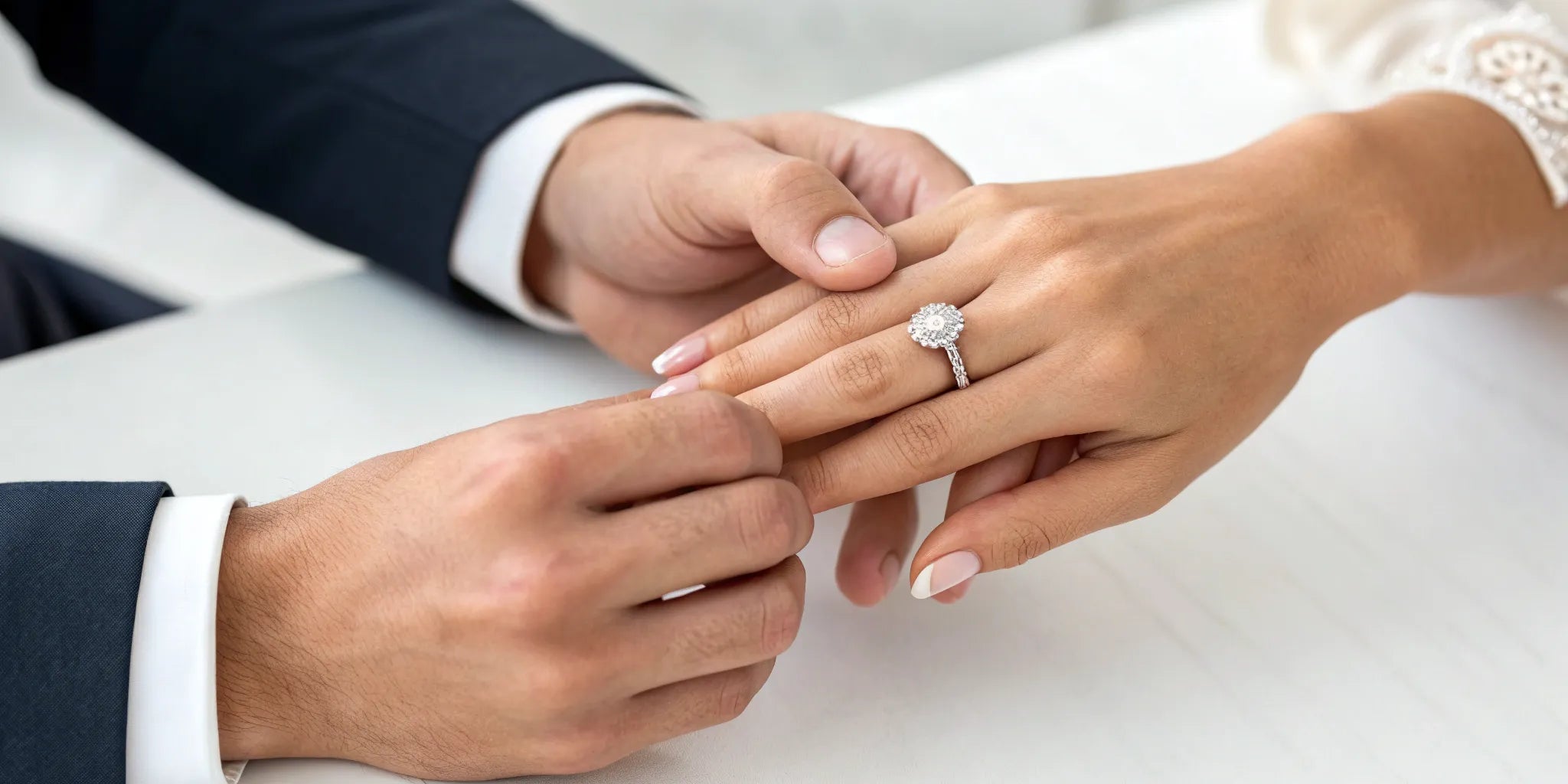 A woman's hand wearing an engagement ring on her left ring finger.