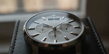 Close view of a refined mechanical wristwatch dial with a date window and small subdials