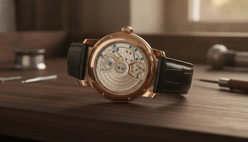 Automatic watch movement with visible rotor on a watchmaker's bench