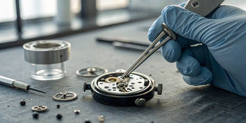 Watchmaker repairing a vintage watch movement with precision tools.
