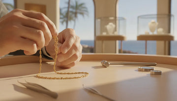 Jeweler examining a gold chain in an Oceanside showroom
