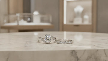 White gold engagement ring and wedding band arranged as a coordinated matching set