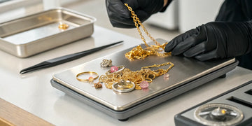 Weighing scrap gold on a digital scale to find who pays the most.
