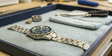 A Seiko watch on a tray with tools, undergoing professional repair.