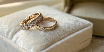 A pair of custom wedding bands with diamonds displayed in a plush ring box.