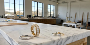 A pair of custom wedding bands on a jeweler's table in Long Island, NY.