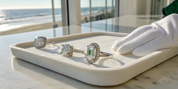 A variety of diamond engagement rings on display at a local jeweler in Oceanside, New York.