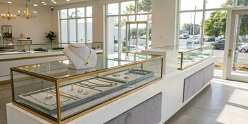 Elegant gold necklaces and rings on display at a fine jewelry store in Oceanside, Long Island.
