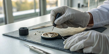 A local Swiss watch repair specialist servicing a complex watch movement.
