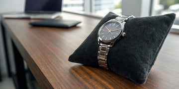 A luxury Swiss watch on display at a local jeweler in Oceanside, NY.