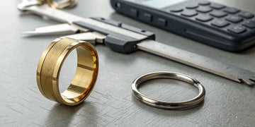 A jeweler measures a ring with a caliper to calculate the resizing cost.