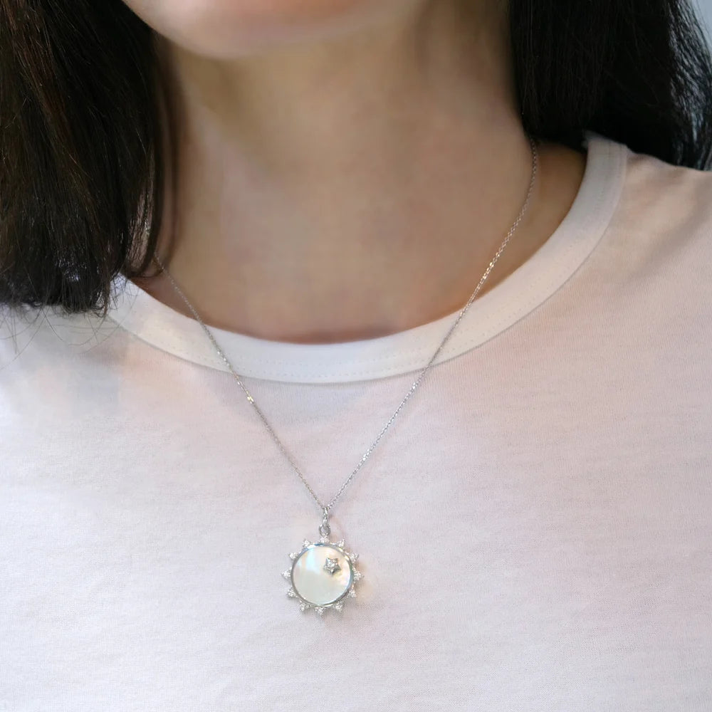 "Happiness" Sun Necklace with Mother of Pearl and White Sapphires