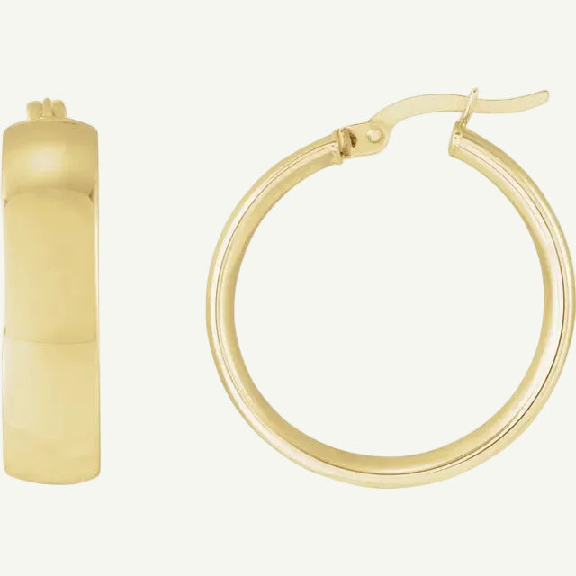 14K yellow gold 40MM hoop earrings with 6MM wide polished profile.
