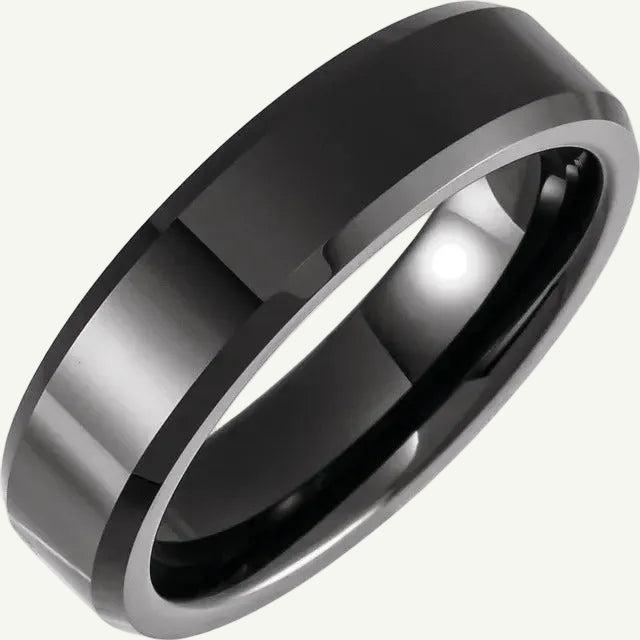 Black ceramic beveled edge band ring 6mm size 9.5.