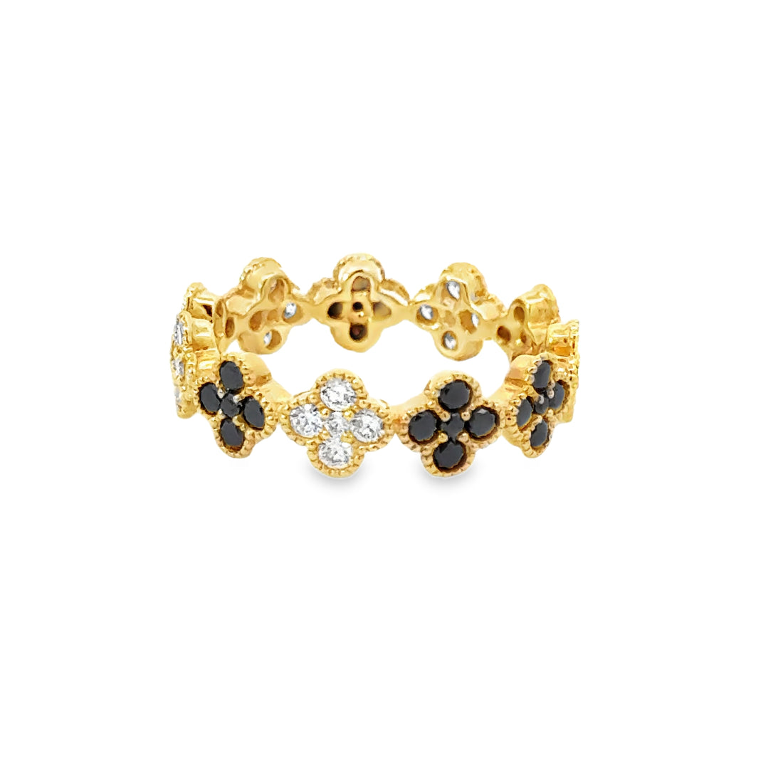 Yellow Gold Black and White Diamond Clover Motif Eternity Ring