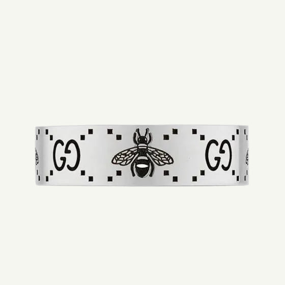 Sterling silver signature bee engraved band ring 6mm.